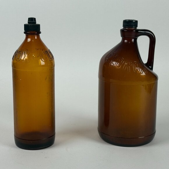 Vintage 1950s Clorox Bottles Set Amber Glass Brown Jug Prop Midcentury Decor Far - Picture 1 of 10